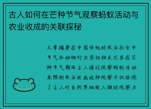 古人如何在芒种节气观察蚂蚁活动与农业收成的关联探秘